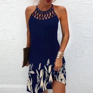 2/$40 Blue Lattice Neck Knee Length Midi Dress Sleeveless Leaves Print Summer